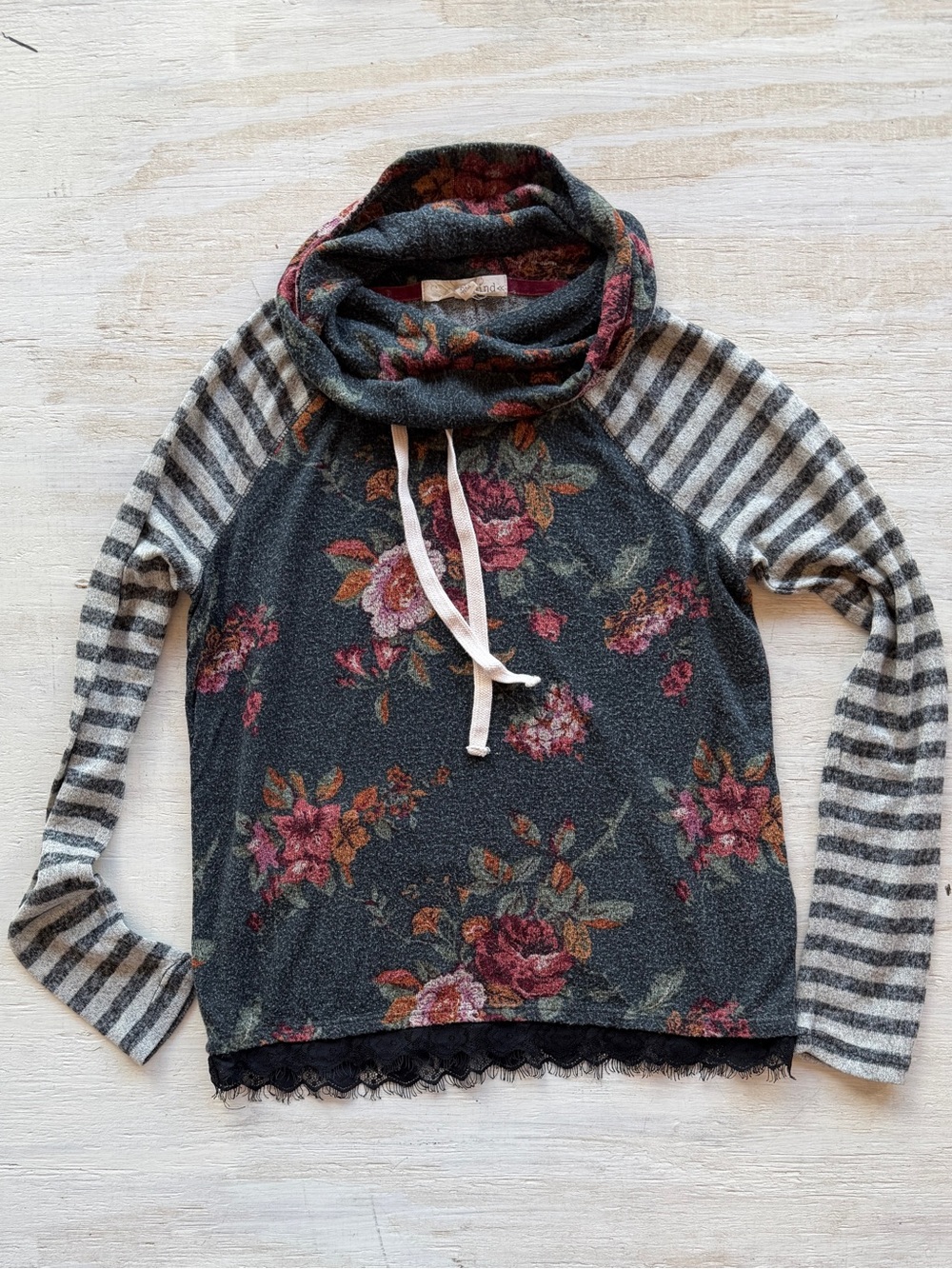 Rewind Floral Cowl Neck Sweater in Charcoal with Pink Roses XS